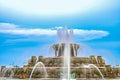 Chicago Buckingham fountain in Grant Park in the morning with cloud and blue sky.