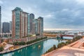 Chicago buildings, across Chigago River near edge Lake Michigan Royalty Free Stock Photo