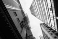 Chicago buildings, towering overhead, black and white. Illinois, USA Royalty Free Stock Photo