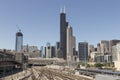 Willis or Sears Tower and 311 South Wacker Drive in front of the Railroad yard. Chicago is home to the Cubs, Bears, and Blackhawks Royalty Free Stock Photo