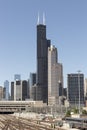 Willis or Sears Tower and 311 South Wacker Drive in front of the Railroad yard. Chicago is home to the Cubs, Bears, and Blackhawks Royalty Free Stock Photo