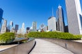 Chicago city downtown skyline skyscraper and BP Pedestrian Bridge in the United States