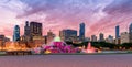 Chicago City skyline and Buckingham fountain at sunset in Chicago, Illinois. Royalty Free Stock Photo