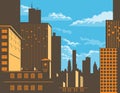 Chicago City Skyline with Skyscrapers Along the Chicago River Illinois WPA Poster Art