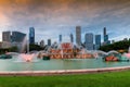 Buckingham fountain and Chicago downtown at sunset, Chicago, Illinois Royalty Free Stock Photo