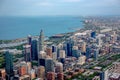 Chicago city skyscrapers aerial view, blue sky background. Skydeck observation deck