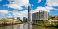 Chicago city skyscrapers on the river canal, blue sky background Royalty Free Stock Photo