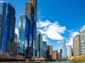 Chicago city skyscrapers on the river canal, blue sky background Royalty Free Stock Photo