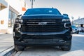 Chicago City, USA - April 26, 2023: 2023 Chevrolet Tahoe SUV black car front view parked Royalty Free Stock Photo