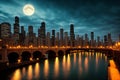 The Chicago city vintage river drawbridge has urban downtown buildings at night.