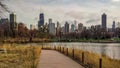 Chicago cityscape on a cloudy day, as seen from South Pond Nature Boardwalk in the Lincoln Park neighborhood. Urban landscape. Royalty Free Stock Photo