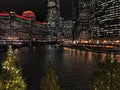 Chicago cityscape illuminated with Christmas holiday decorations and city night lights reflecting on the river and trees in front. Royalty Free Stock Photo