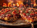 Chicago deep dish pizza arrange on the table. Delicious Chicago-style pizza photography, explosion flavors, studio