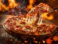 Chicago deep dish pizza arrange on the table. Delicious Chicago-style pizza photography, explosion flavors, studio