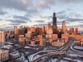 Chicago downtown buildings skyline snow winter freeway aerial sunset Royalty Free Stock Photo