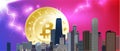 Chicago downtown business and finance area background with skyscrapers and bitcoin on storm background with lightnings. USA urban