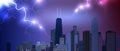Chicago downtown business and finance area background with skyscrapers on storm background with lightnings. USA urban cityscape. V Royalty Free Stock Photo