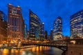 Chicago downtown and Chicago River at night in Chicago, Illinois Royalty Free Stock Photo