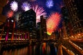 Chicago downtown with fireworks show at night Royalty Free Stock Photo
