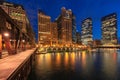 Chicago downtown and Chicago River at night in Chicago, Illinois Royalty Free Stock Photo