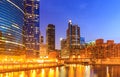 Chicago downtown riverside at night. Royalty Free Stock Photo