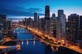 Chicago downtown skyline at dusk, Illinois, United States of America, Chicago skyline aerial drone view from above, AI Generated Royalty Free Stock Photo
