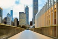 Chicago downtown skyline in the evening seen from pedestrian bridge Nichols Bridgeway