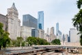 Chicago Downtown skyline with railroad yard under bridge. Royalty Free Stock Photo