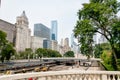 Chicago Downtown skyline with railroad yard under bridge. Royalty Free Stock Photo
