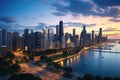 Chicago downtown skyline at sunset, Illinois, United States of America, Chicago skyline aerial drone view from above, AI Generated Royalty Free Stock Photo