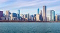 Chicago downtown skyline sunset Lake Michigan with most Iconic building from Adler Planetarium Royalty Free Stock Photo