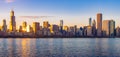 Chicago downtown skyline sunset Lake Michigan with most Iconic building from Adler Planetarium Royalty Free Stock Photo