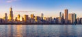 Chicago downtown skyline sunset Lake Michigan with most Iconic building from Adler Planetarium Royalty Free Stock Photo
