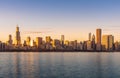 Chicago downtown skyline sunset Lake Michigan with most Iconic building from Adler Planetarium, Illinois, USA Royalty Free Stock Photo