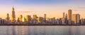 Chicago downtown skyline sunset Lake Michigan with most Iconic building from Adler Planetarium, Illinois Royalty Free Stock Photo