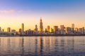 Chicago downtown skyline sunset Lake Michigan with most Iconic building from Adler Planetarium, Illinois Royalty Free Stock Photo