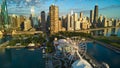 Chicago ferris wheel on Navy Pier next to stunning skyline in morning light