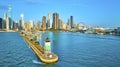 Chicago Harbor Southeast Guidewall light aerial on Lake Michigan at dawn with coastline Royalty Free Stock Photo