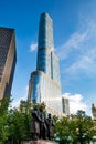 Chicago, IL / USA - 8/28/2020: Chicago Heald Square Monument with Trump tower in background