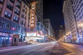 CHICAGO, IL - FEBRUARY 18, 2018: Famous Chicago Theatre neon sign and night street scene.