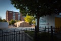 Chicago, IL - June 18th, 2020: A large brown coronavirus testing tent and decontamination unit are set up outside of the Weiss