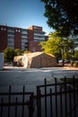 Chicago, IL - June 18th, 2020: A large brown coronavirus testing tent is set up outside of the Weiss Memorial Hospital in the