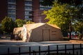 Chicago, IL - June 18th, 2020: A large brown coronavirus testing tent is set up outside of the Weiss Memorial Hospital in the