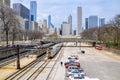 CHICAGO,IL - MAY 5, 2011 - Van Buren St. Metra station with Chicago skyline in background Royalty Free Stock Photo