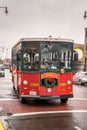 Chicago, IL - November 30th, 2019: The holiday Polar Express holiday trolley drives through downtown Andersonville giving patrons