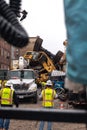 Chicago, IL - October 7th, 2021: Comed electricians work on restoring power where a construction pile driving drill rig tipped Royalty Free Stock Photo