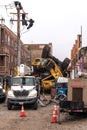 Chicago, IL - October 7th, 2021: Comed electricians work on restoring power where a construction pile driving drill rig tipped Royalty Free Stock Photo