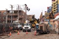 Chicago, IL - October 7th, 2021: Comed electricians work on restoring power where a construction pile driving drill rig tipped Royalty Free Stock Photo