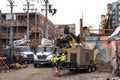 Chicago, IL - October 7th, 2021: Comed electricians work on restoring power where a construction pile driving drill rig tipped Royalty Free Stock Photo