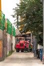 Chicago, IL - October 6th, 2021: Firemen stand near a red lift in front of an accident involving a construction crane doing work Royalty Free Stock Photo